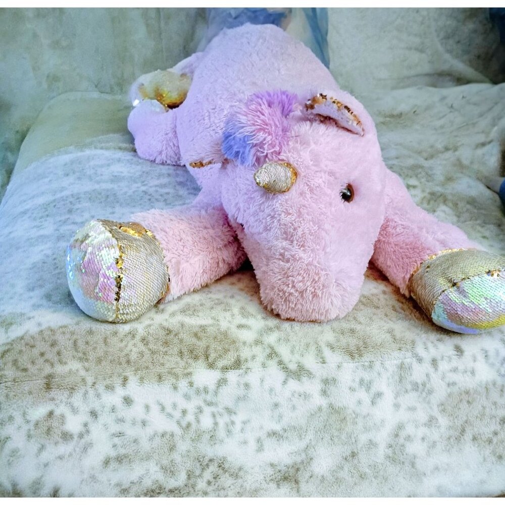 Goffa Pink Plush Unicorn Stuffed Animal Pillow Toy With Sequin Accents - Jumbo S